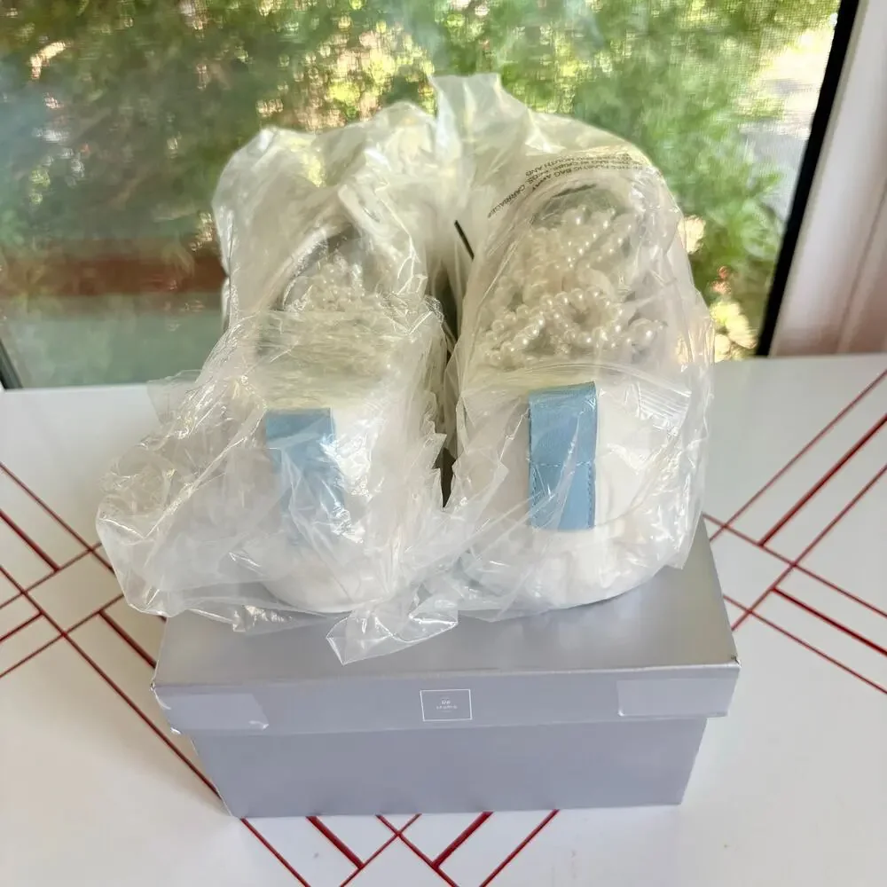 David’s Bridal White Platform Wedding Sneakers Size 8 Pearl Bow New in Box
